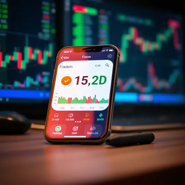 Forex Trading Platform Interface on Mobile Device Smartphone screen displaying a forex trading platform with currency charts and trading indicators