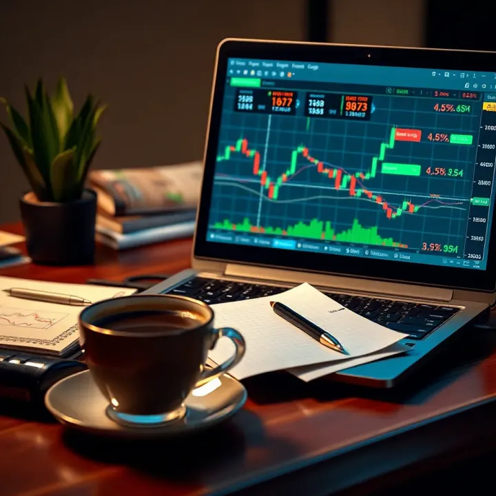 A laptop displaying forex market data with notes and a cup of coffee on the desk