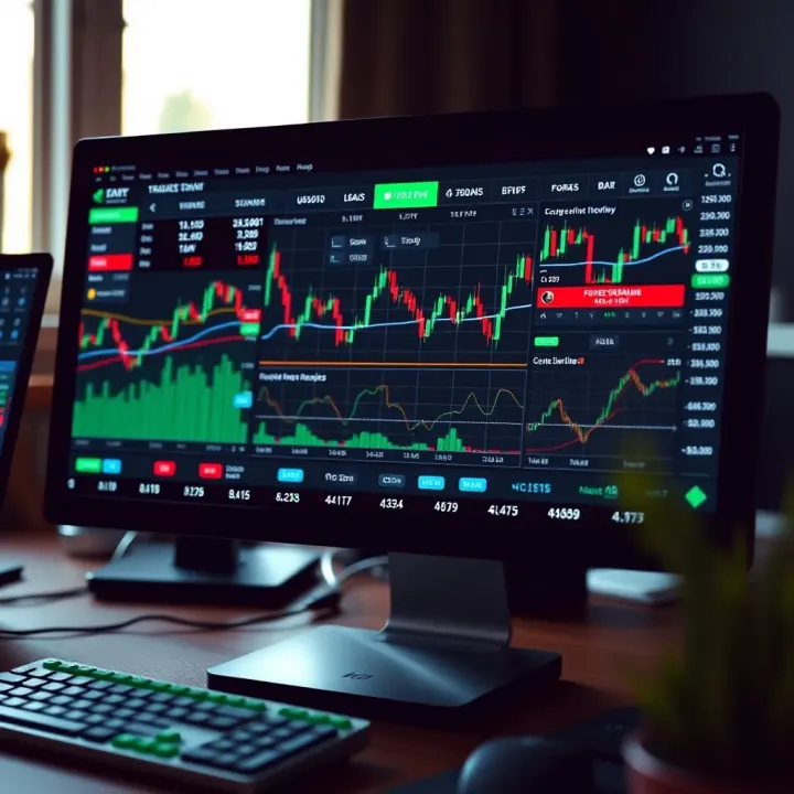 Forex Trading Platform Interface and Account Overview Computer screen displaying forex trading platform with charts and account dashboard