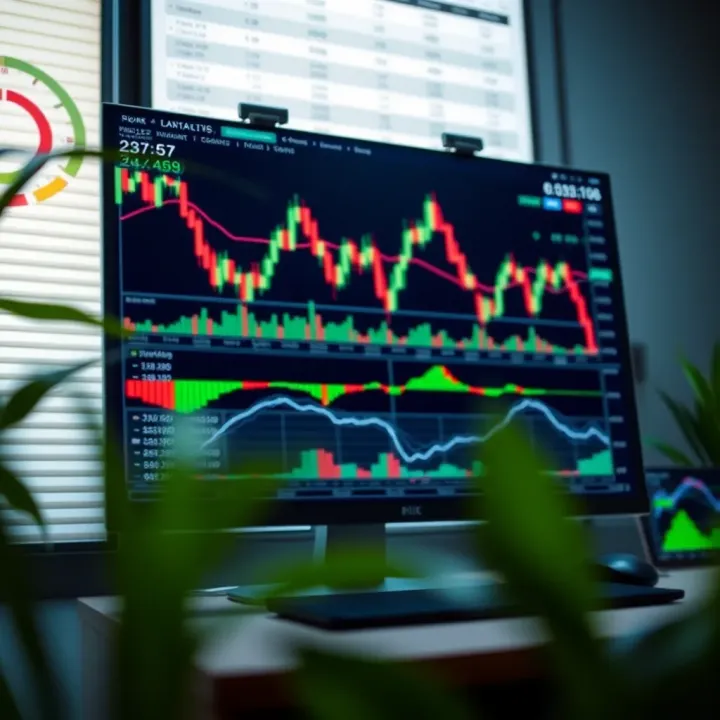 Forex Trading Platform Interface with Market Analytics Illustration of a computer screen displaying forex trading platform interface with charts and trading options