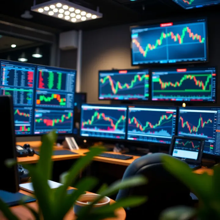 Workspace showing multiple monitors with trading platforms and forex market graphs
