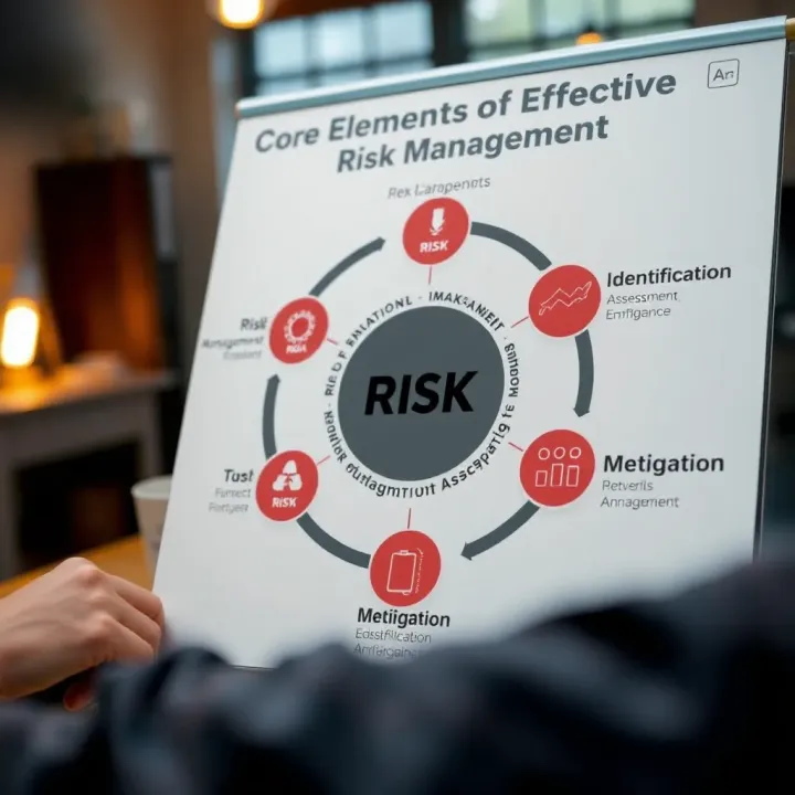 Diagram illustrating key components of risk management including identification, assessment, and mitigation strategies