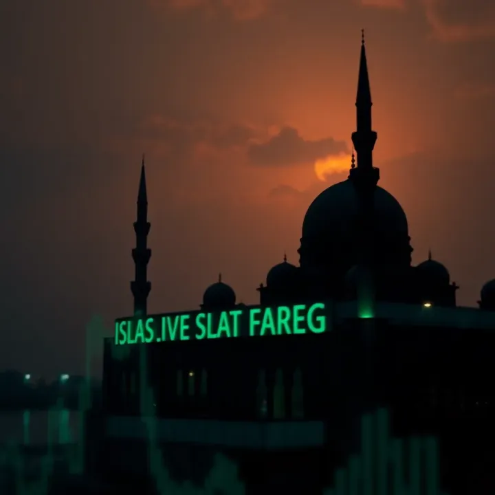 Global currencies with a mosque silhouette representing Islamic perspectives on forex trading