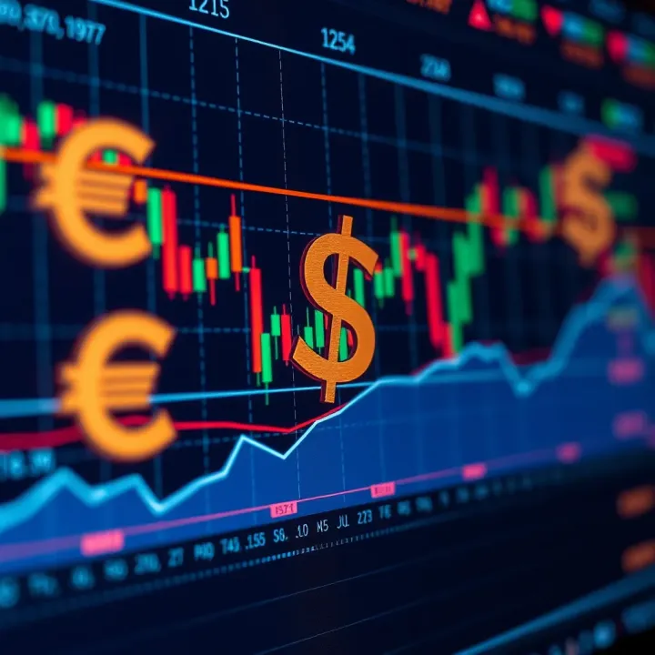 Currency symbols overlaid on a digital trading chart showing market fluctuations