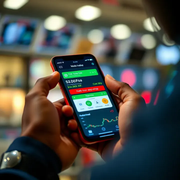 Mobile phone showing M-Pesa app interface used for funding a forex trading account