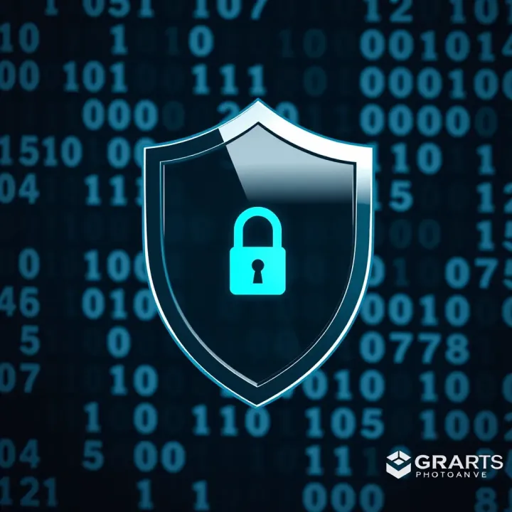 Safety shield icon with binary code background symbolizing secure downloading of trading software