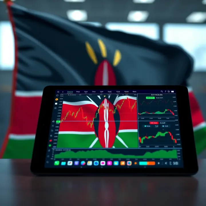A digital tablet displaying forex trading charts and analysis tools with a Kenyan flag in the background
