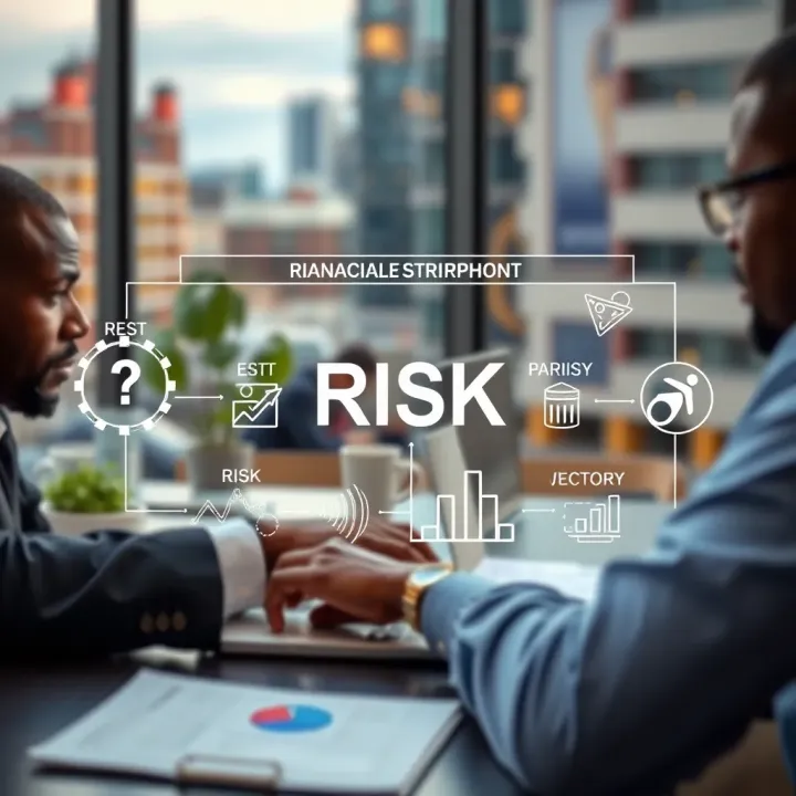Risk Management Strategies in Kenyan Business Environment Illustration of business environment with risk factors and strategies to mitigate them in Kenyan sectors