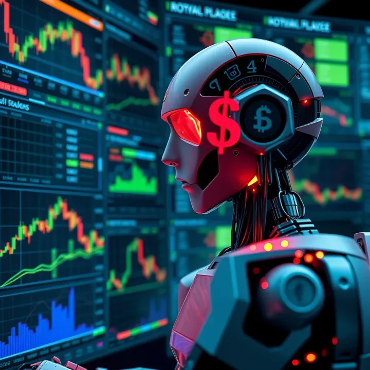 Illustration of a digital robot analyzing forex market data on multiple screens with currency symbols floating around