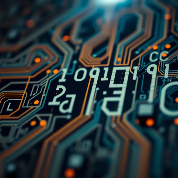 Illustration of computer circuitry representing binary code processing