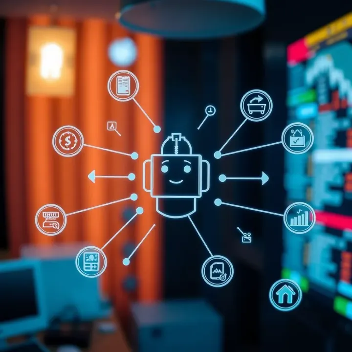 Visualization of an automated bot icon connected to various digital nodes representing task automation