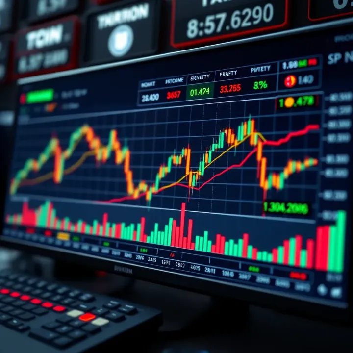 Illustration of a digital interface displaying automated trading algorithms with charts and binary options symbols