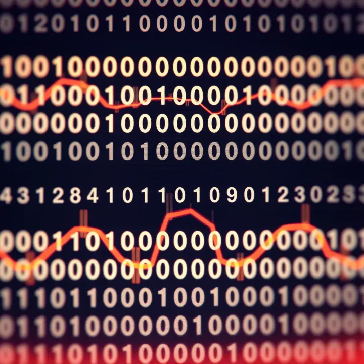 Graphic showing binary chart with rows of zeros and ones depicting data patterns