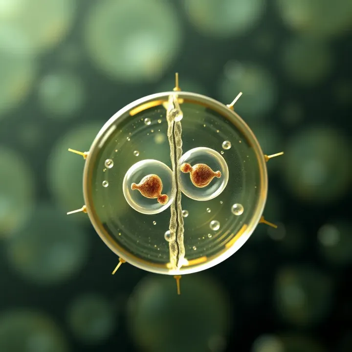 Diagram showing a single-celled organism dividing into two identical cells