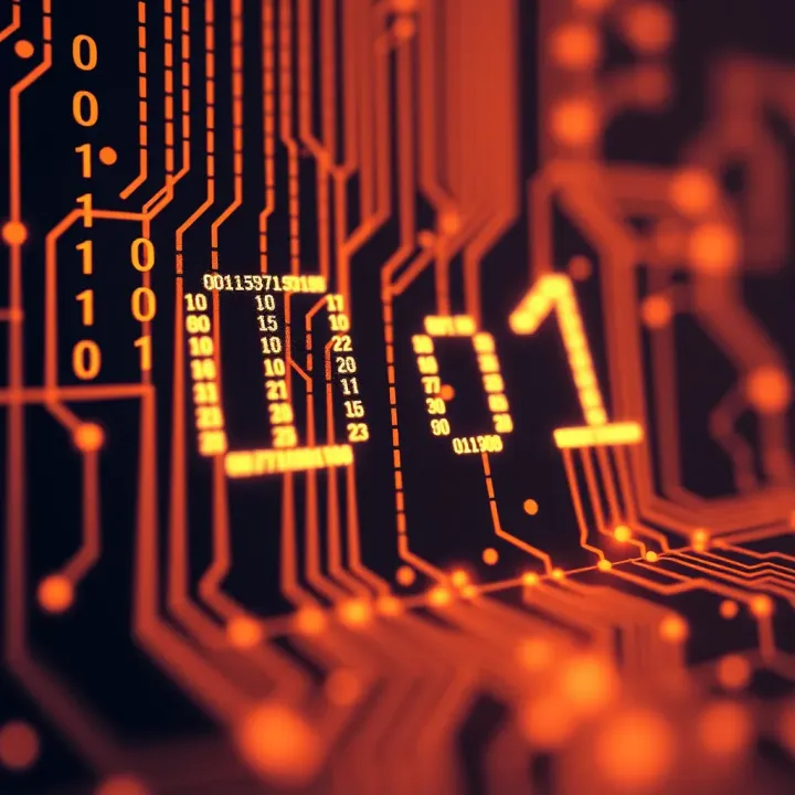 Illustration showing binary digits 0 and 1 forming a digital circuit pattern