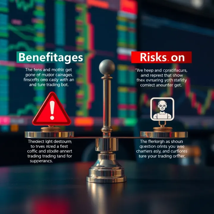 Conceptual graphic showing benefits and risks of forex trading bots with caution symbols