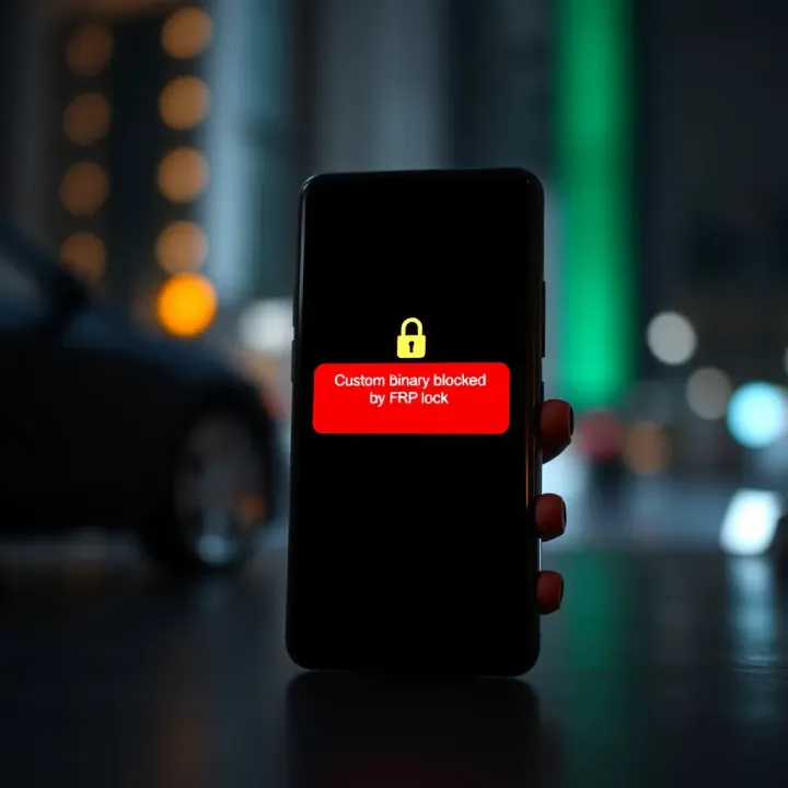Android device displaying the 'custom binary blocked by FRP lock' error message on screen