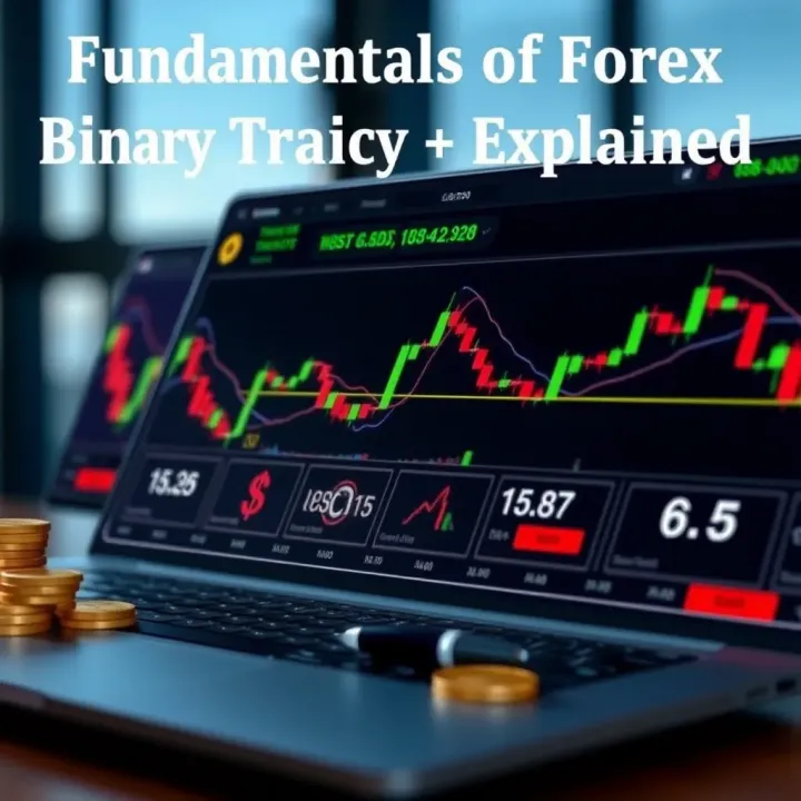 Diagram illustrating the fundamental concepts of forex binary trading with charts and currency symbols