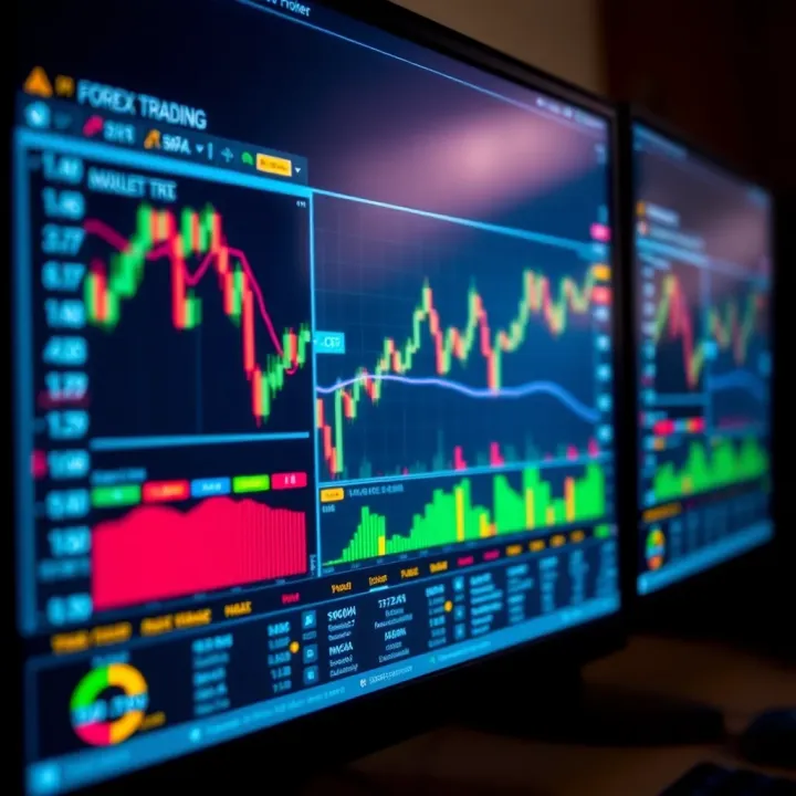 Computer screen displaying forex trading platform with charts and market data