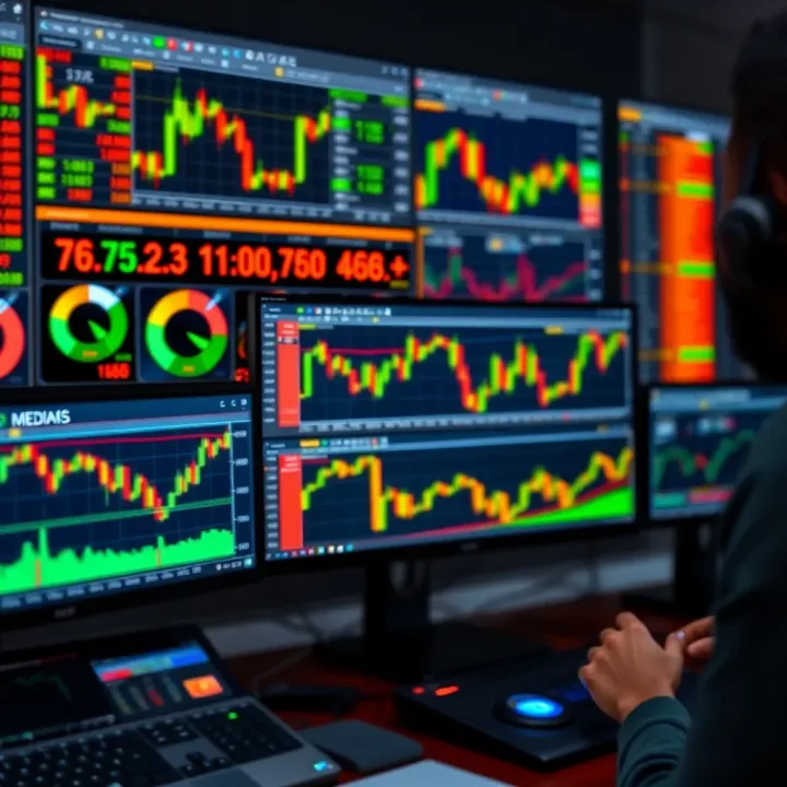 Financial tools and chart analysis displayed on multiple computer screens for forex trading