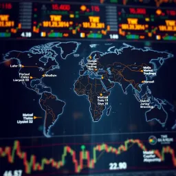 Global Forex market trading hours highlighted across world map showing major financial centers